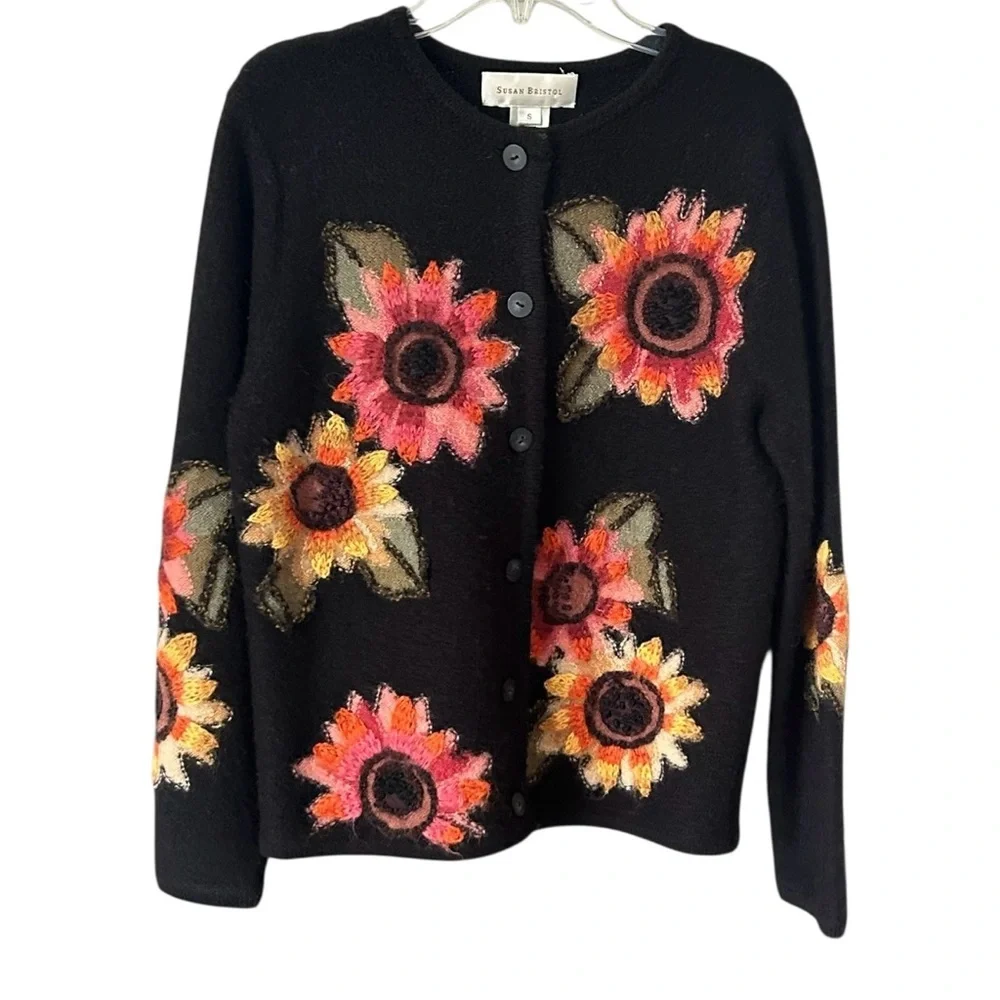 Susan Bristol Sunflower Cardigan Sweater Sz S BOHO Multicolor Embroidered Wool